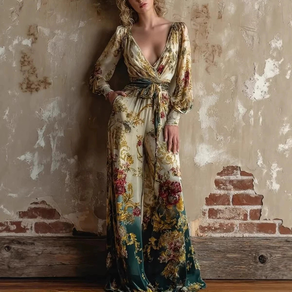 Zara Spring Summer Lantern Sleeve Vintage Print Tie Waist Wide Leg Jumpsuit